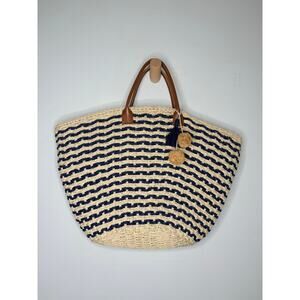 Barneys New York Straw Tote Bag Blue Beige Woven Beach Cottagecore Tassel Pom